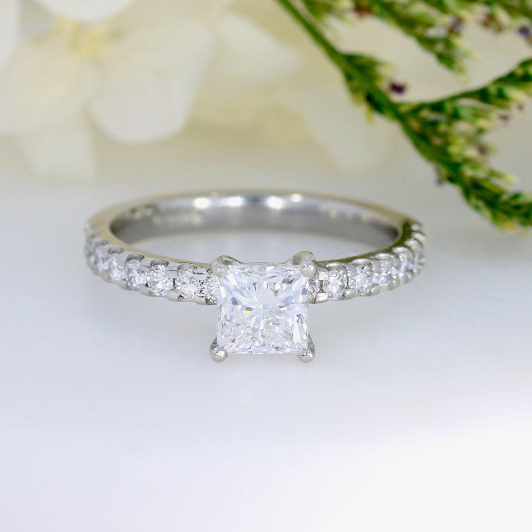 Platinum Princess Cut Lab Diamond Solitaire with Stone Set Shoulders 1.32ct