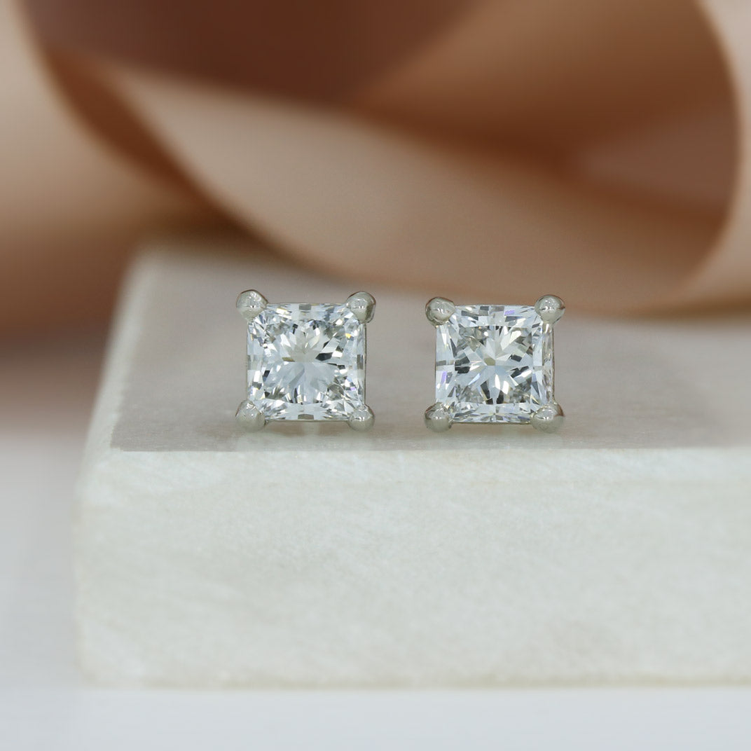 Platinum 4 Claw Set Princess Cut Laboratory Grown Diamond Studs 2.00ct