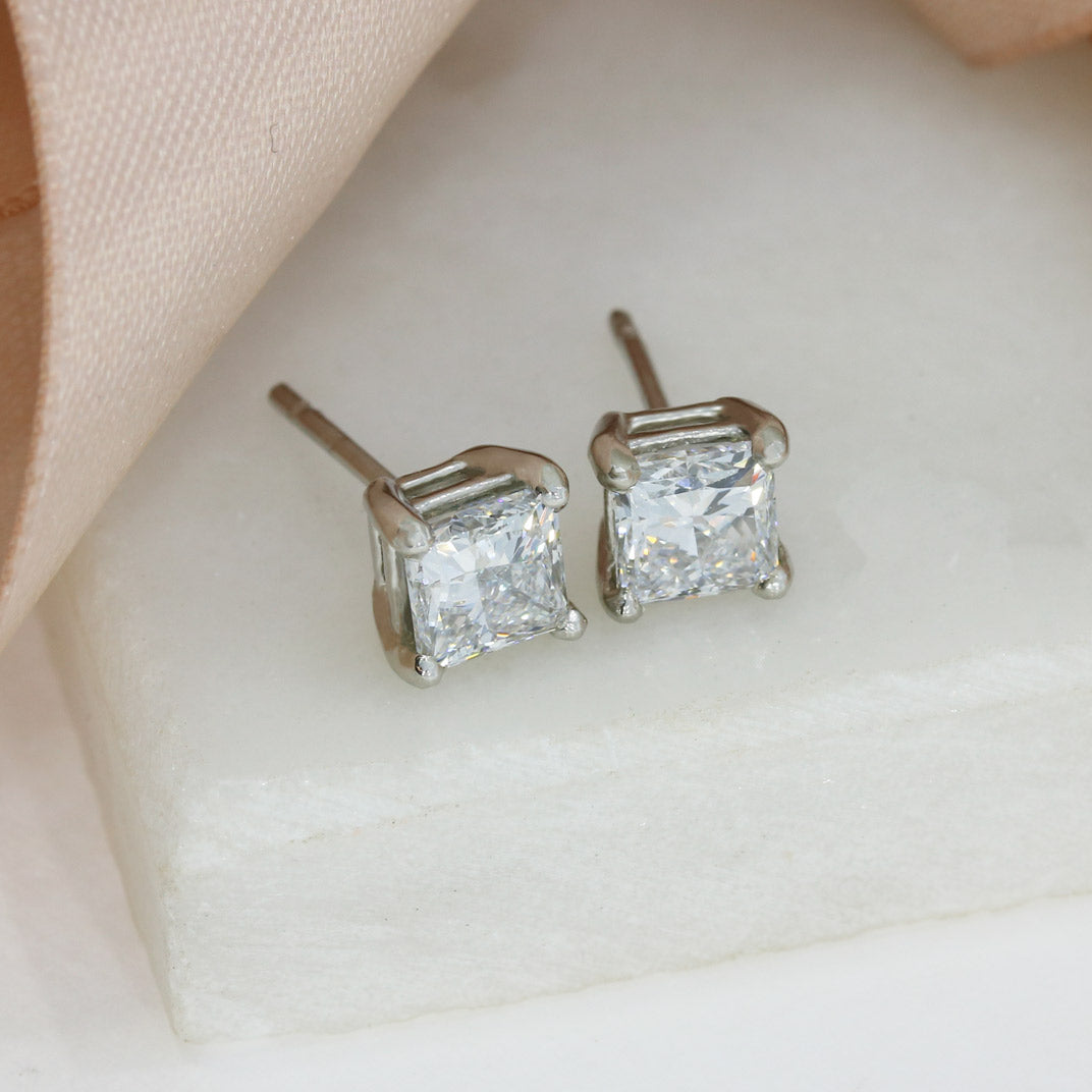 Platinum 4 Claw Set Princess Cut Laboratory Grown Diamond Studs 2.00ct