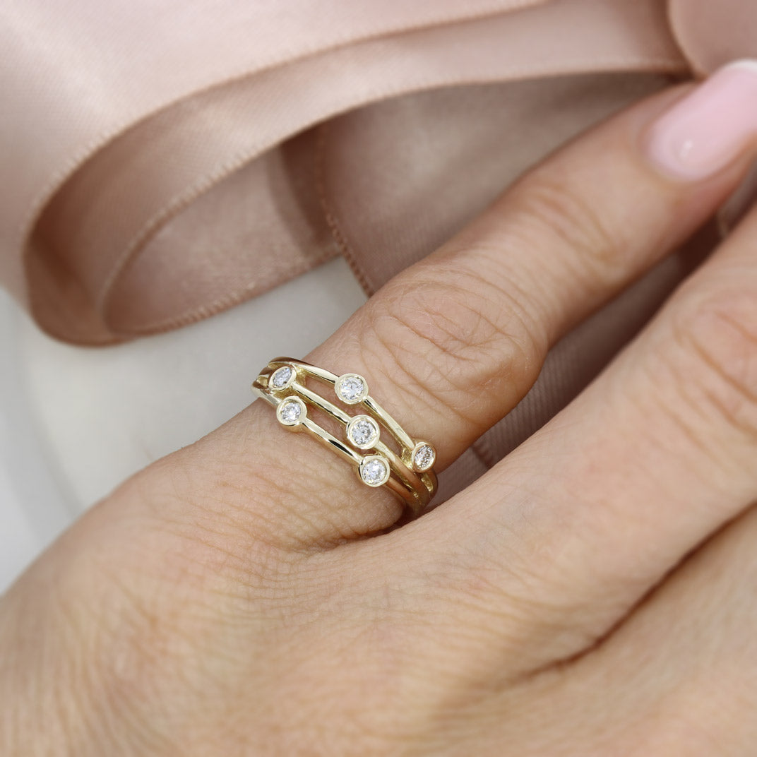 9ct Yellow Gold 3 Row Bubble Ring with Approx 0.18ct Lab Grown Diamonds