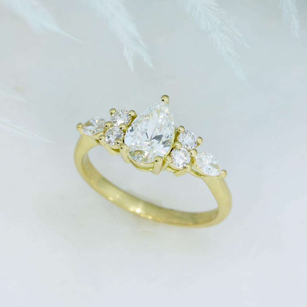 18ct Yellow Gold Pear, Round & Marquise Shape Lab Grown Diamond Ring.