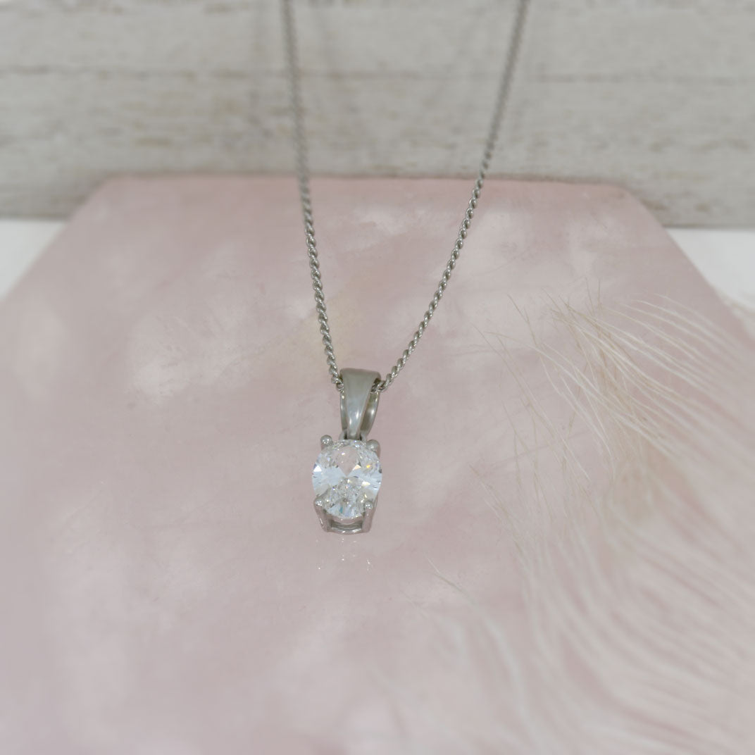 9ct White Gold Oval Lab Grown Diamond Pendant 0.75ct 17" Chain