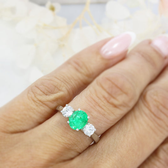 Platinum Oval Emerald & Certified Brilliant Cut Natural Diamond 3 Stone Ring