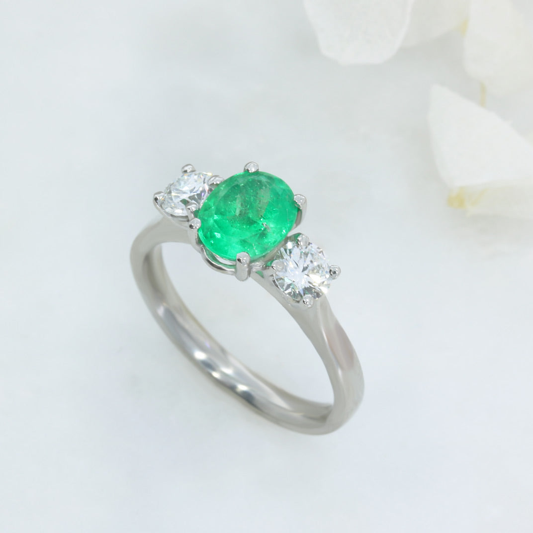 Platinum Oval Emerald & Certified Brilliant Cut Natural Diamond 3 Stone Ring