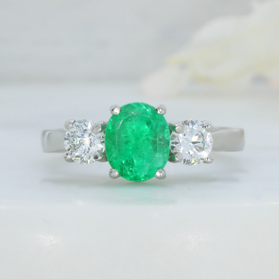 Platinum Oval Emerald & Certified Brilliant Cut Natural Diamond 3 Stone Ring