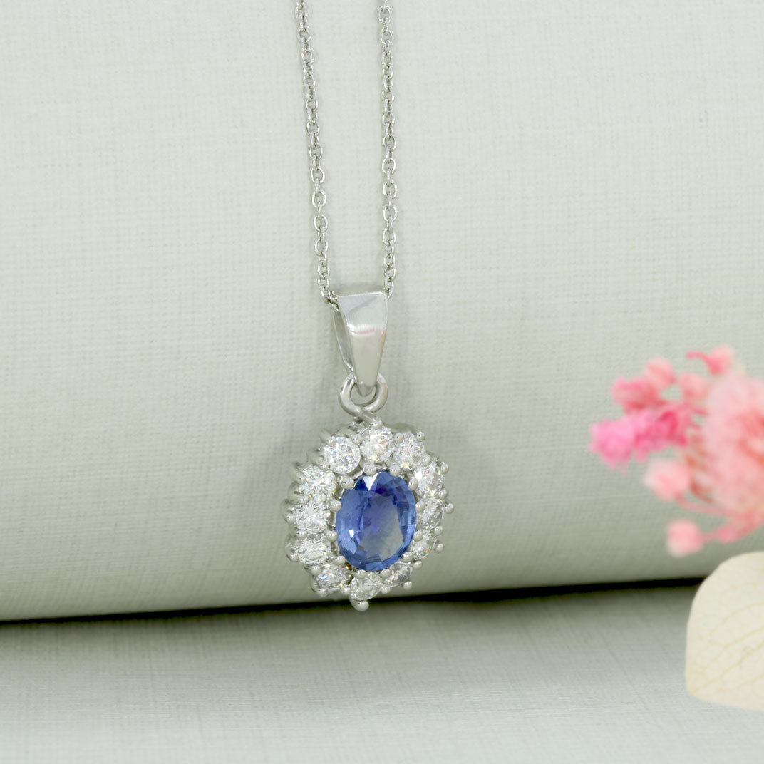 Platinum Sapphire & Diamond Cluster Pendant on a Platinum Chain