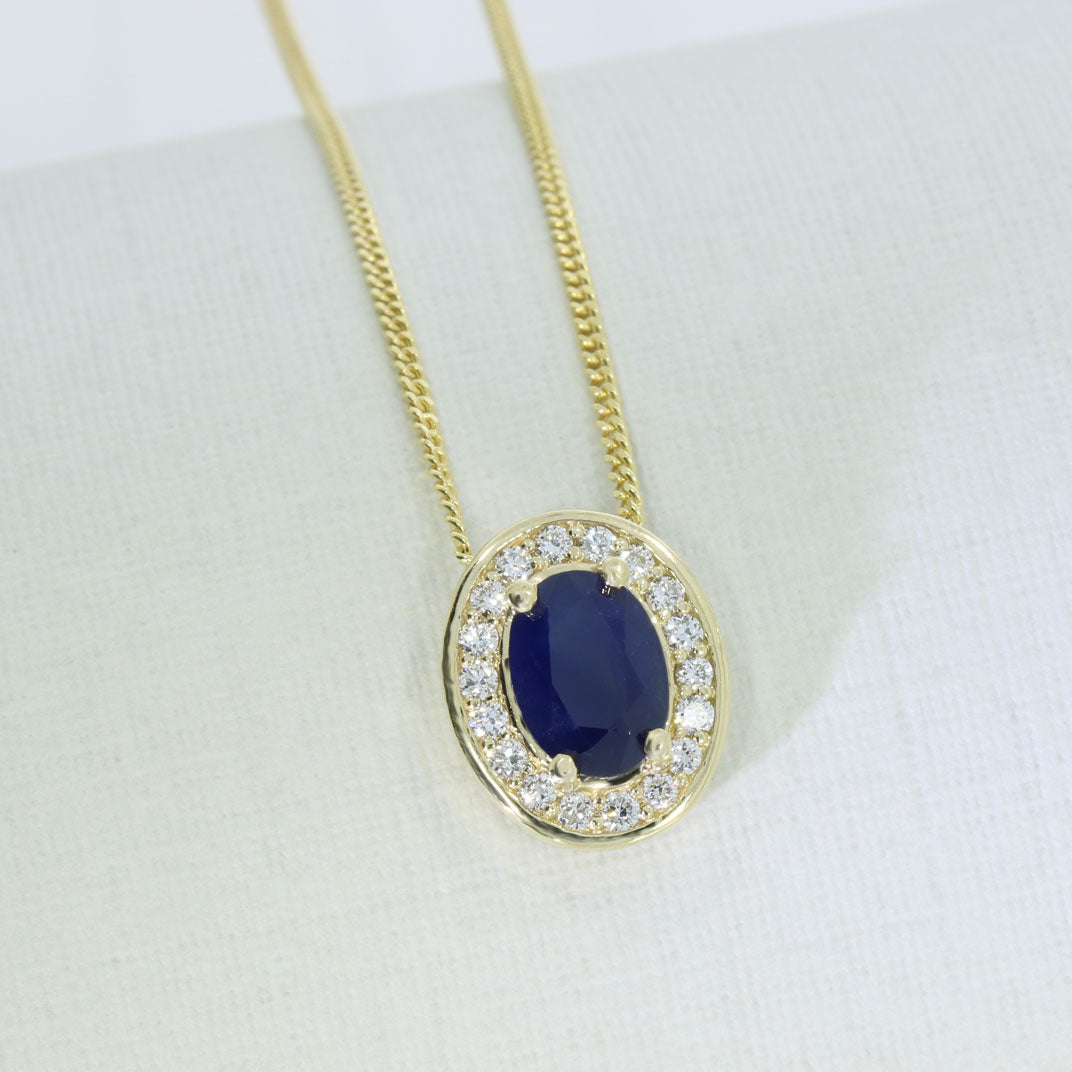 9ct Gold Claw Set Oval Sapphire & Lab Grown Diamond Halo Pendant On 9ct Chain