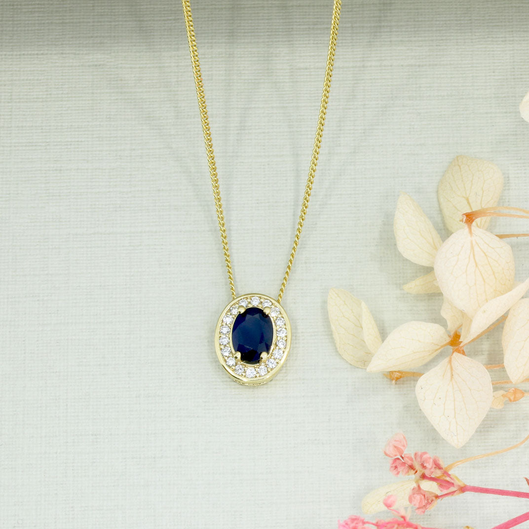 9ct Gold Claw Set Oval Sapphire & Lab Grown Diamond Halo Pendant On 9ct Chain