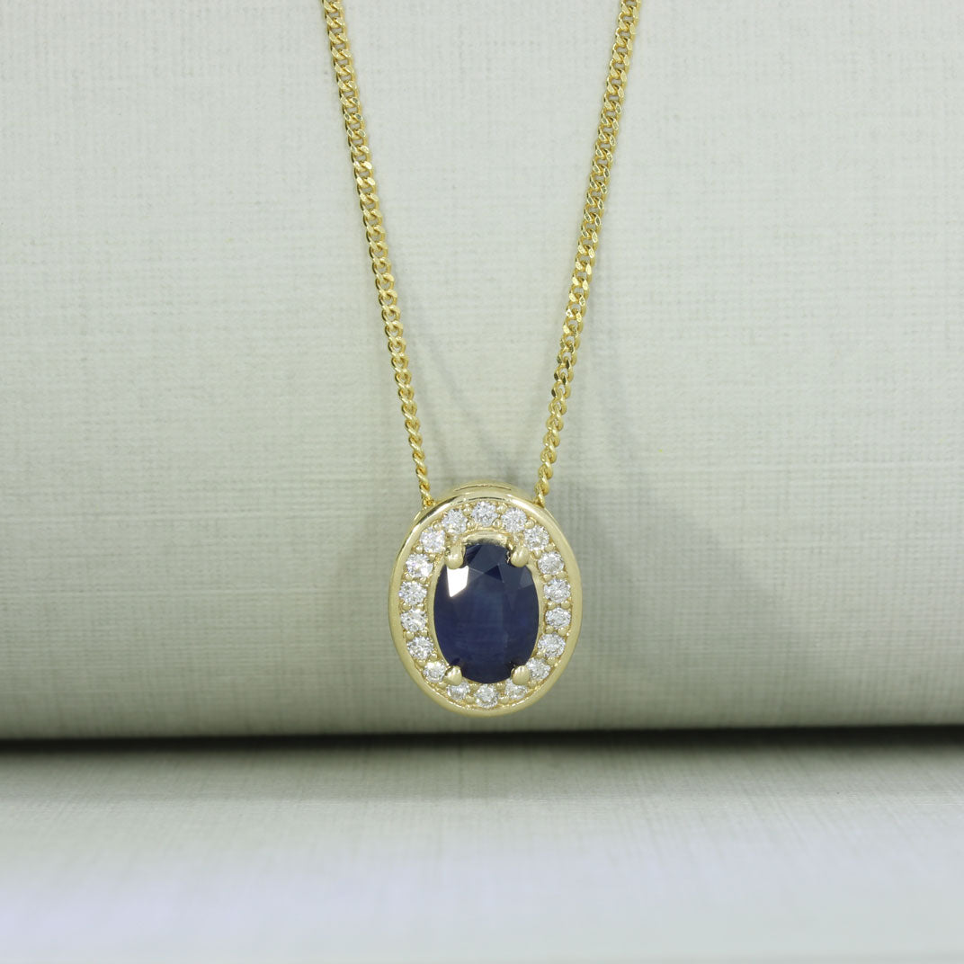 9ct Gold Claw Set Oval Sapphire & Lab Grown Diamond Halo Pendant On 9ct Chain