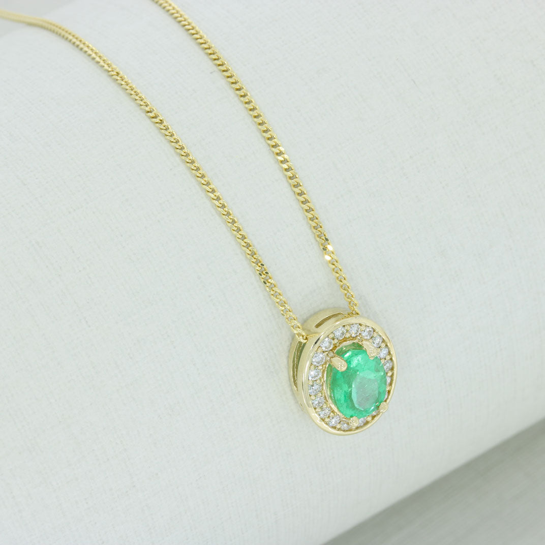 9ct Gold Emerald Lab Grown Diamond Halo Pendant on a 20inch 9ct Chain