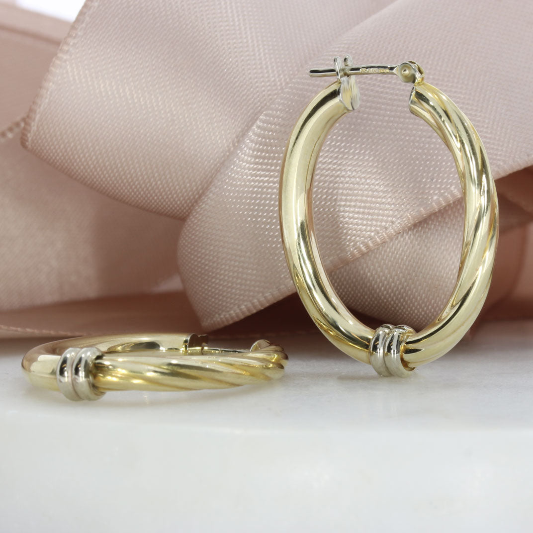 9ct Yellow Gold Oval Hoop Earrings with Half Twist Detail