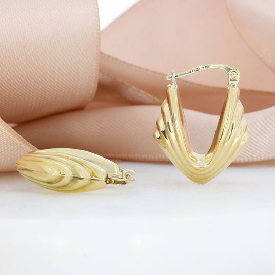 9ct Yellow Gold V Shape Ribbed Hoop Earrings