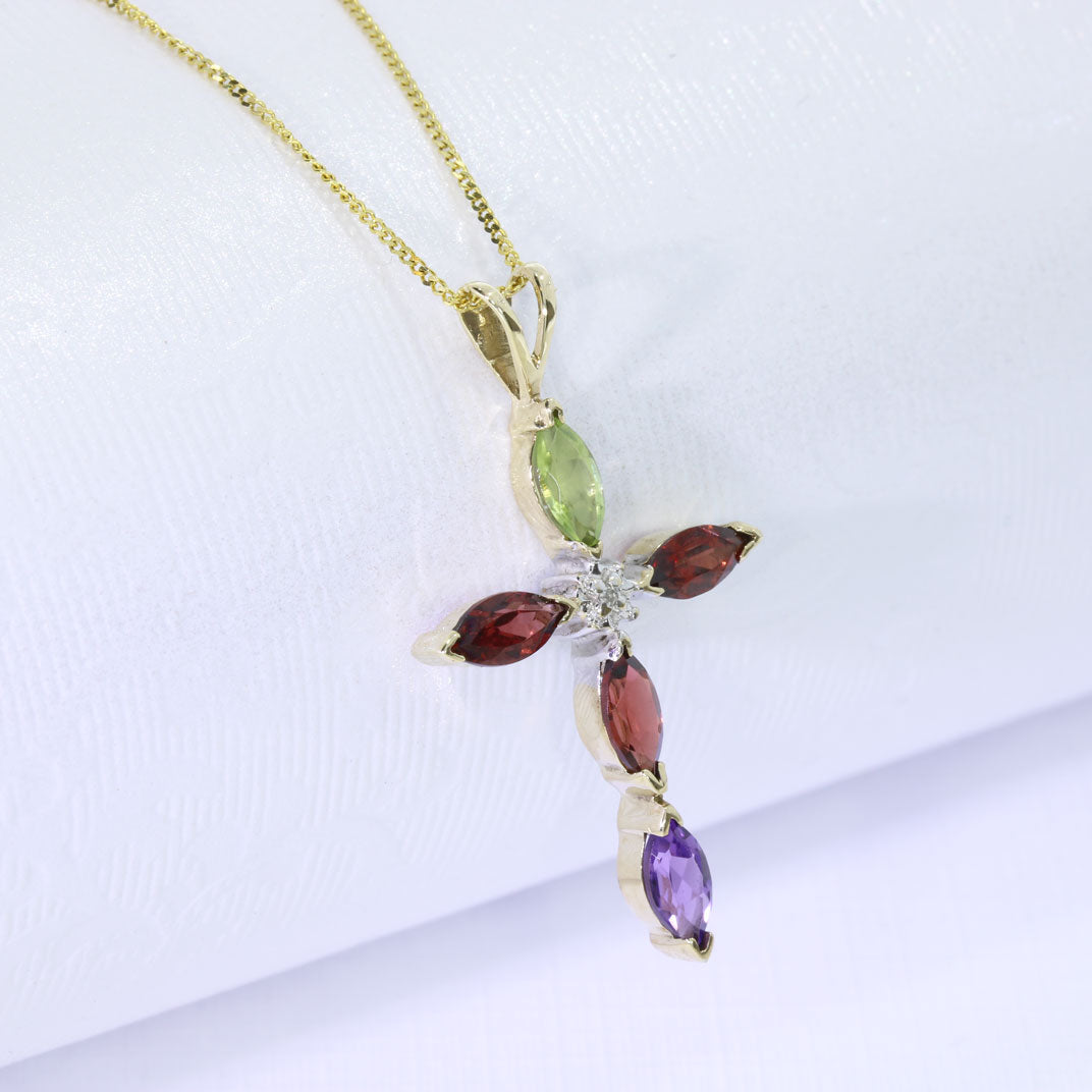 9ct Yellow Gold Cross Set With Semi Precious Stones on a Fine Curb Chain