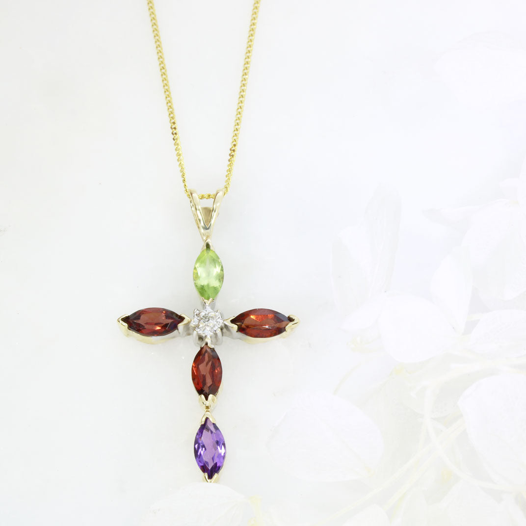 9ct Yellow Gold Cross Set With Semi Precious Stones on a Fine Curb Chain