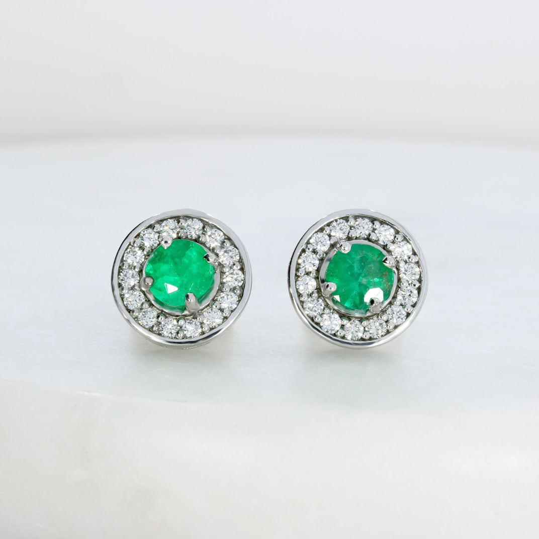 18ct White & Yellow Gold Emerald & Diamond Halo Studs