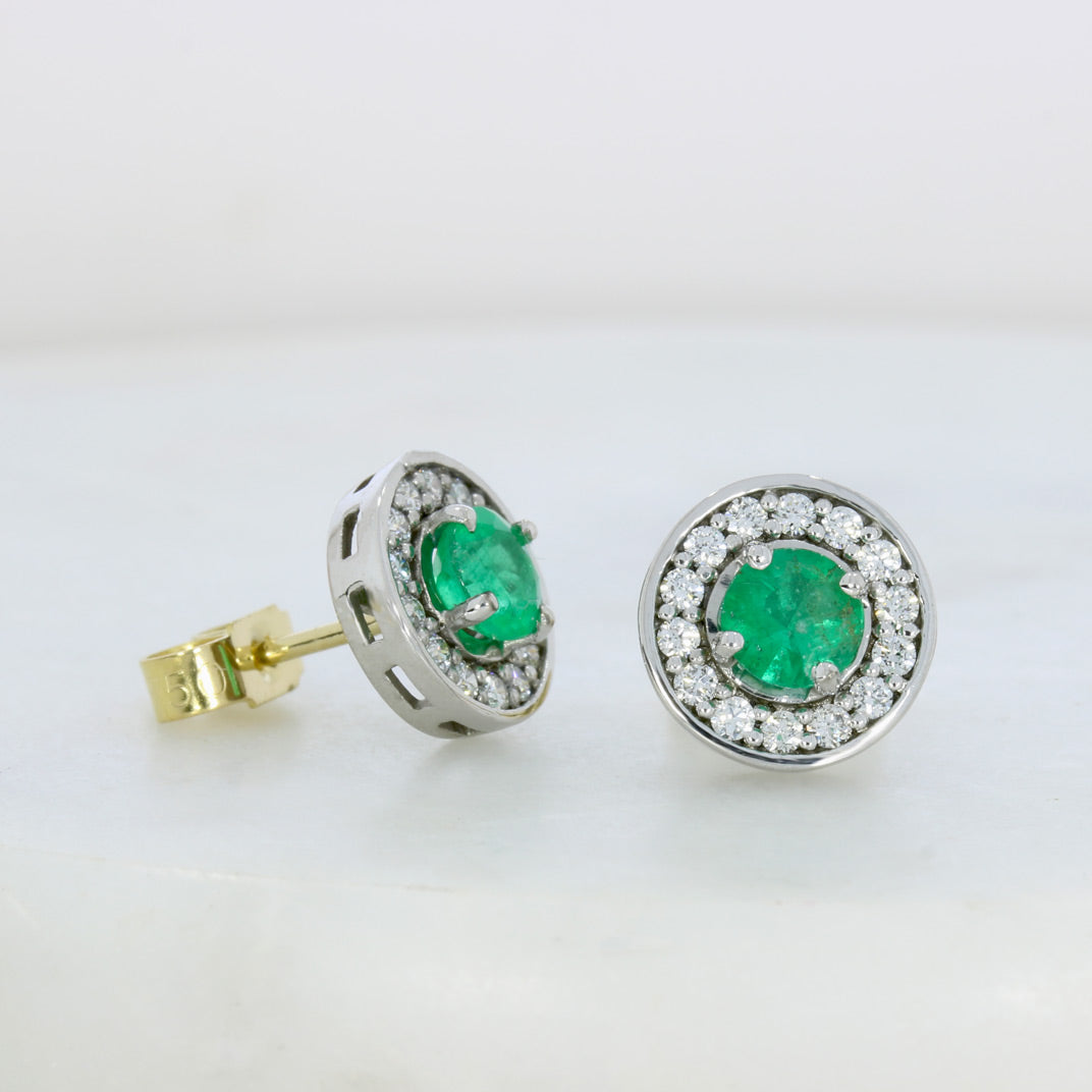 18ct White & Yellow Gold Emerald & Diamond Halo Studs