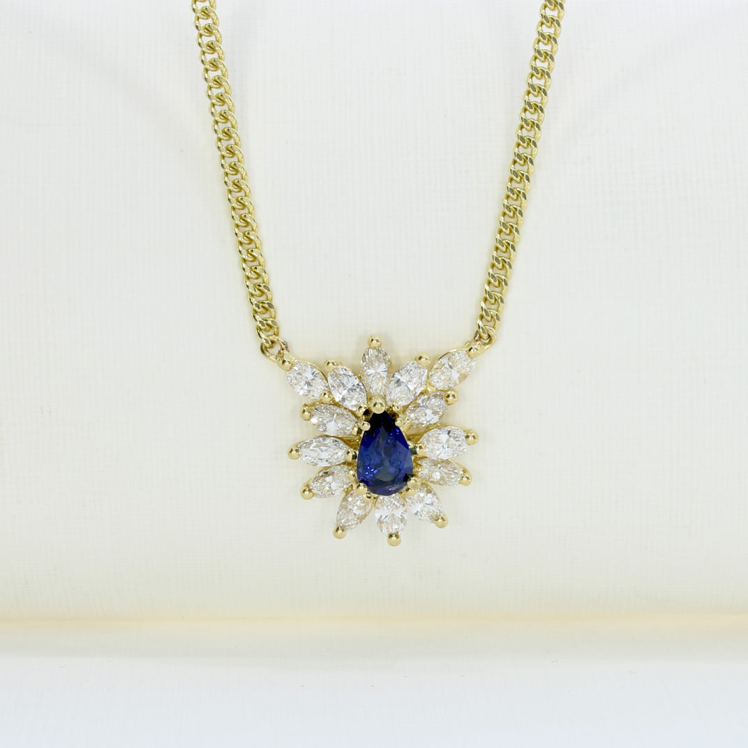 18ct Yellow Gold Pear Shape Sapphire & Diamond Cluster Necklace