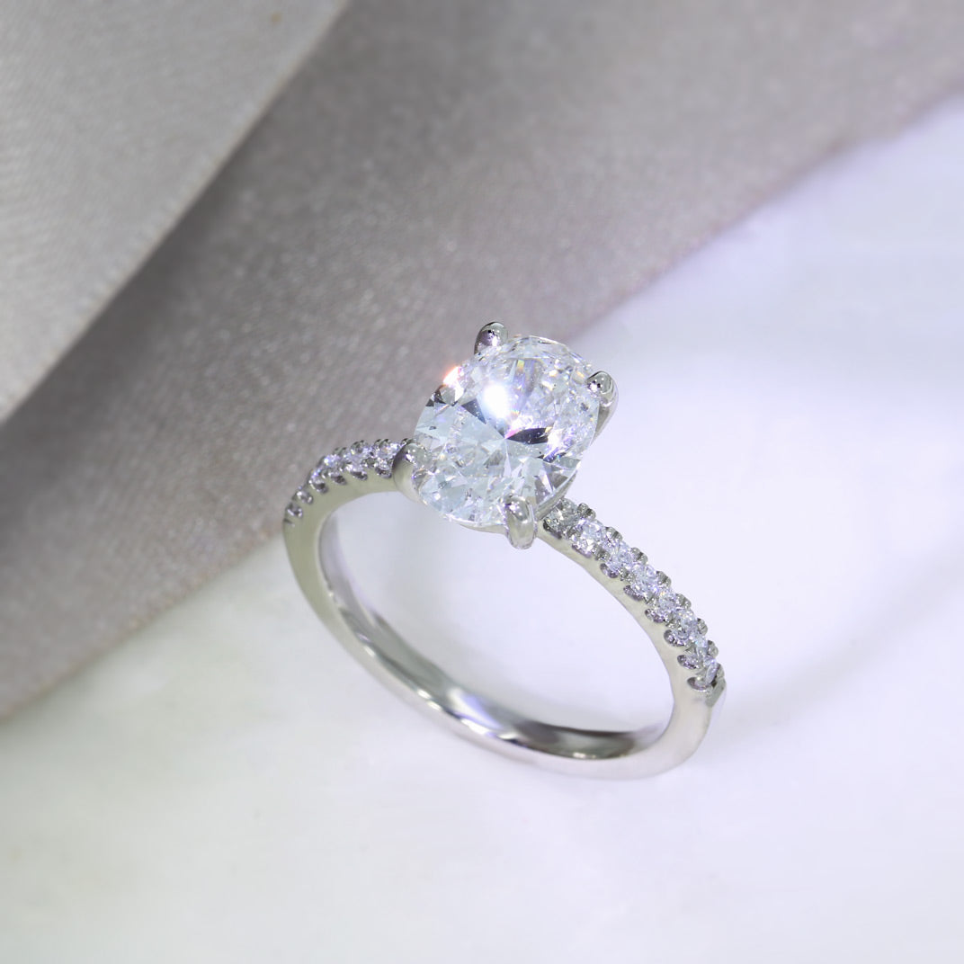 Platinum Certified Oval Lab Grown Diamond Solitaire Ring with Stone Set Shoulders