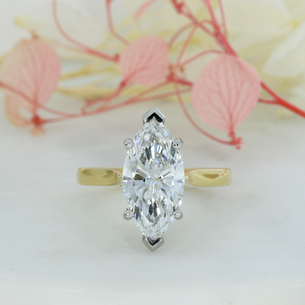 18ct Yellow & Platinum Certified Marquise Shape Lab Grown Diamond Ring 2.98ct D VS1