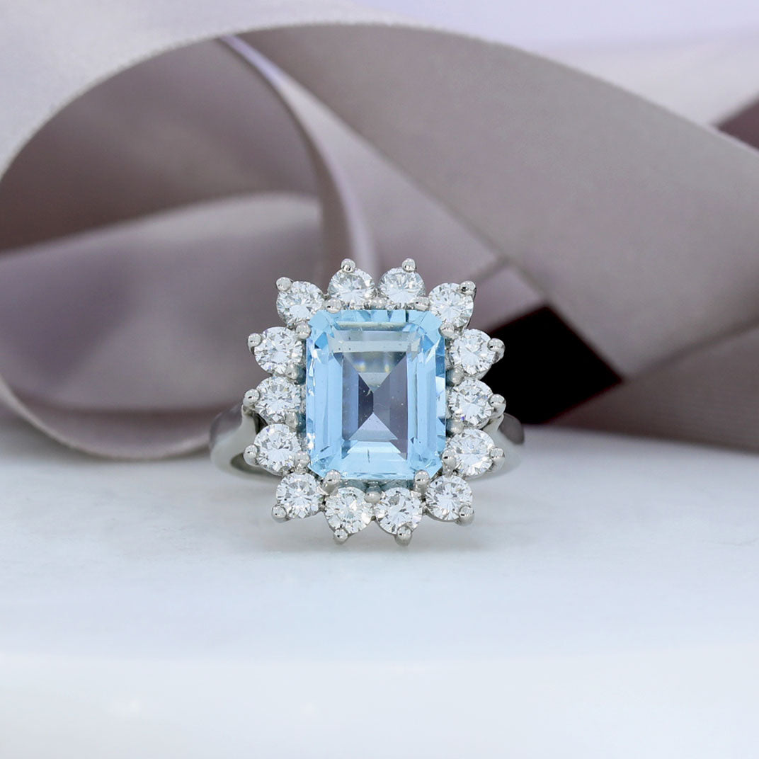 Platinum Large Aquamarine & Diamond Cluster