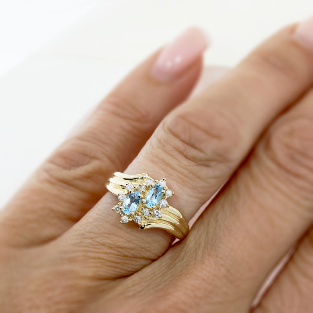 Pre Owned 9ct Yellow Gold Blue Topaz & Diamond Double Cluster Ring