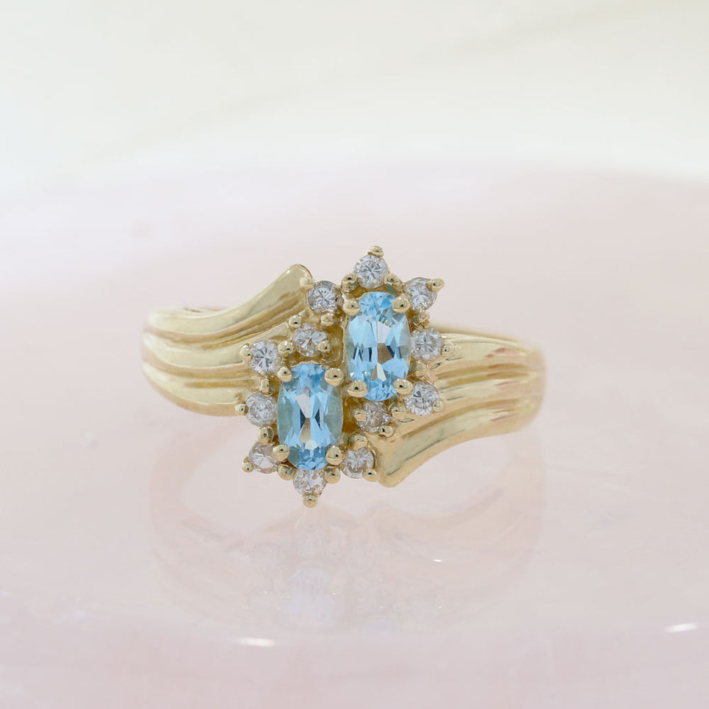 Pre Owned 9ct Yellow Gold Blue Topaz & Diamond Double Cluster Ring