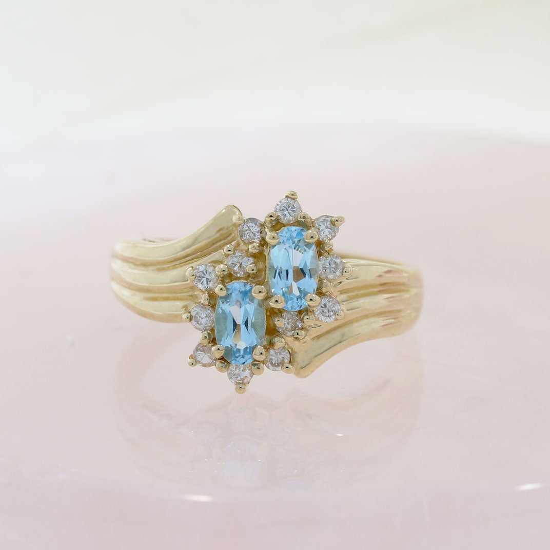 Pre Owned 9ct Yellow Gold Blue Topaz & Diamond Double Cluster Ring
