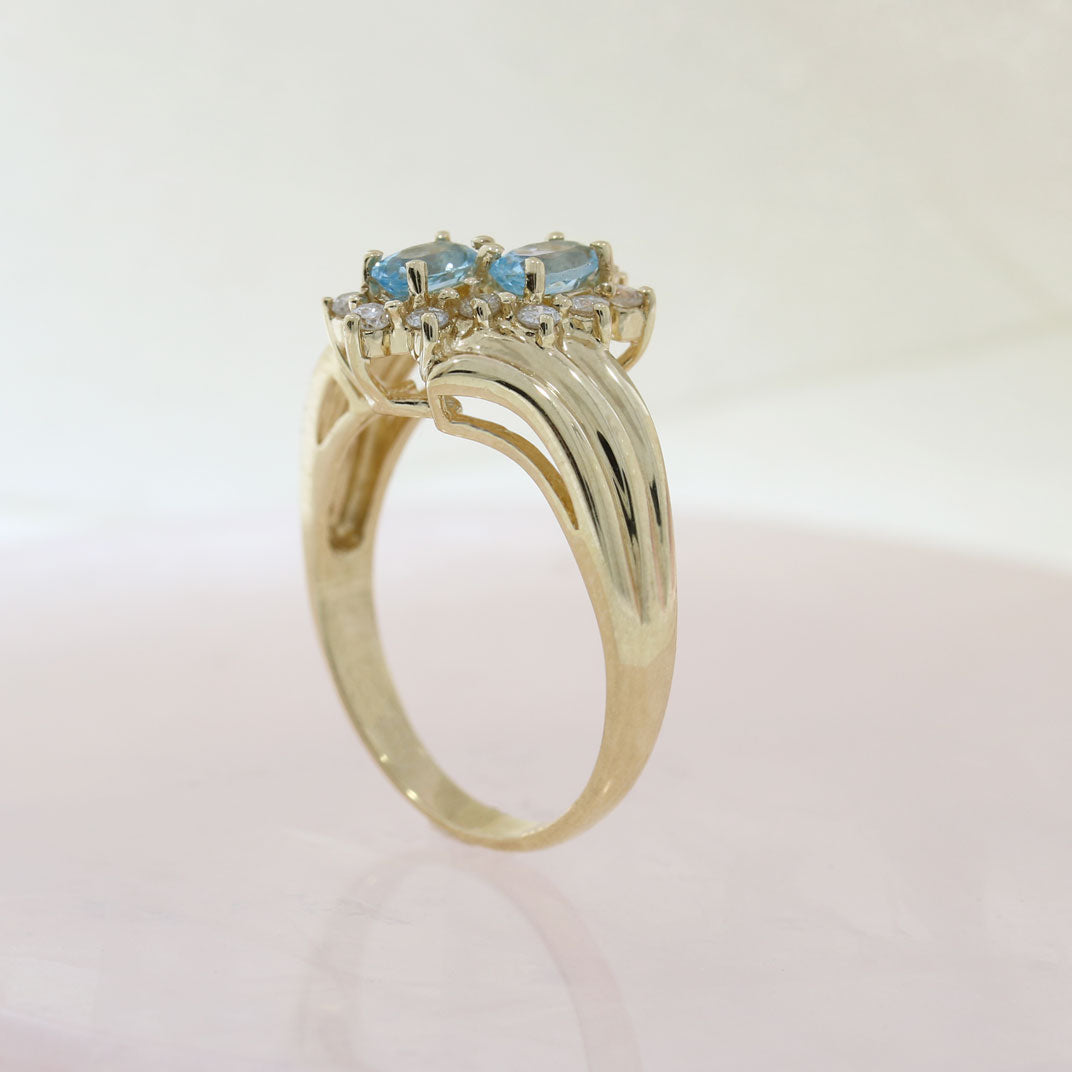 Pre Owned 9ct Yellow Gold Blue Topaz & Diamond Double Cluster Ring