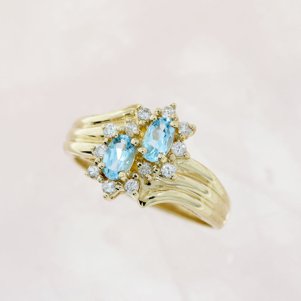 Pre Owned 9ct Yellow Gold Blue Topaz & Diamond Double Cluster Ring