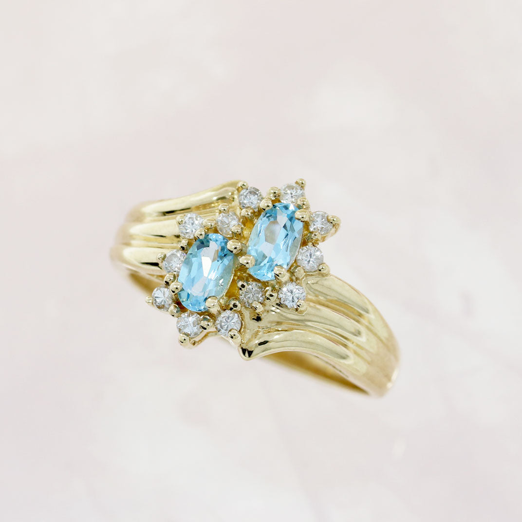 Pre Owned 9ct Yellow Gold Blue Topaz & Diamond Double Cluster Ring