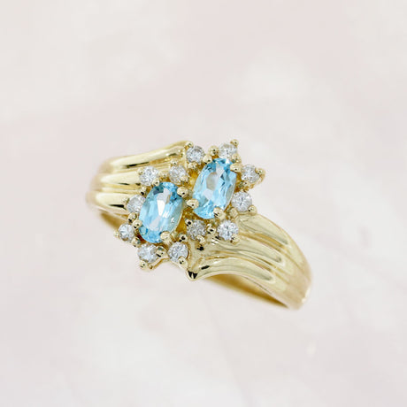 Pre Owned 9ct Yellow Gold Blue Topaz & Diamond Double Cluster Ring