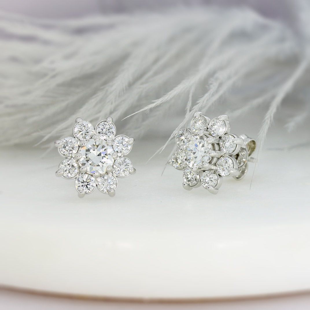 Pre Owned 18ct White Gold Flower Cluster Diamond Stud Earrings 2.74ct.