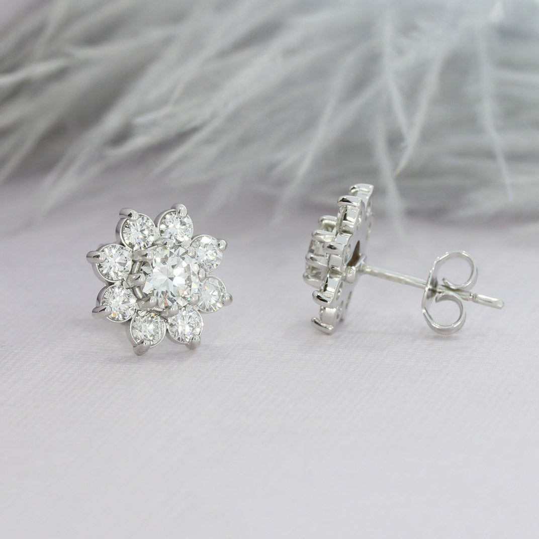 Pre Owned 18ct White Gold Flower Cluster Diamond Stud Earrings 2.74ct.