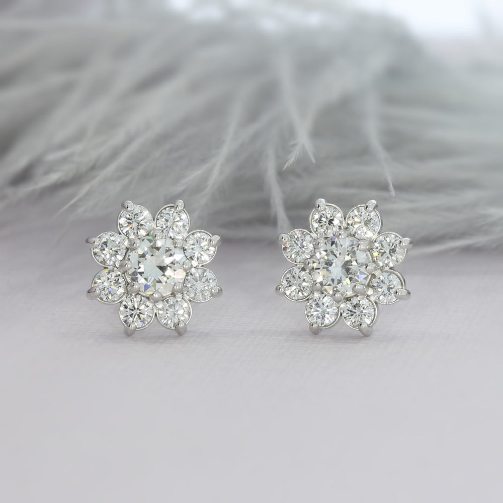 Pre Owned 18ct White Gold Flower Cluster Diamond Stud Earrings 2.74ct.