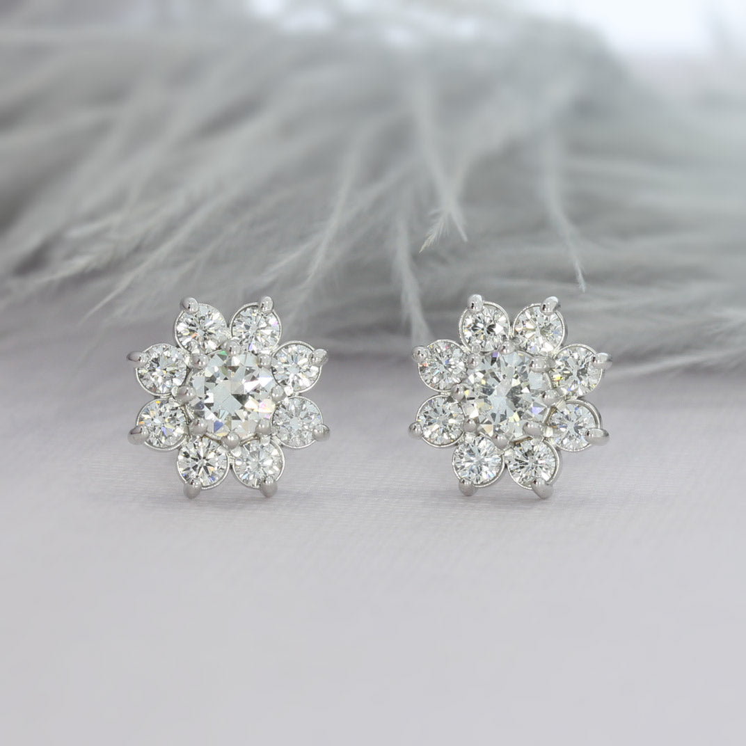 Pre Owned 18ct White Gold Flower Cluster Diamond Stud Earrings 2.74ct.