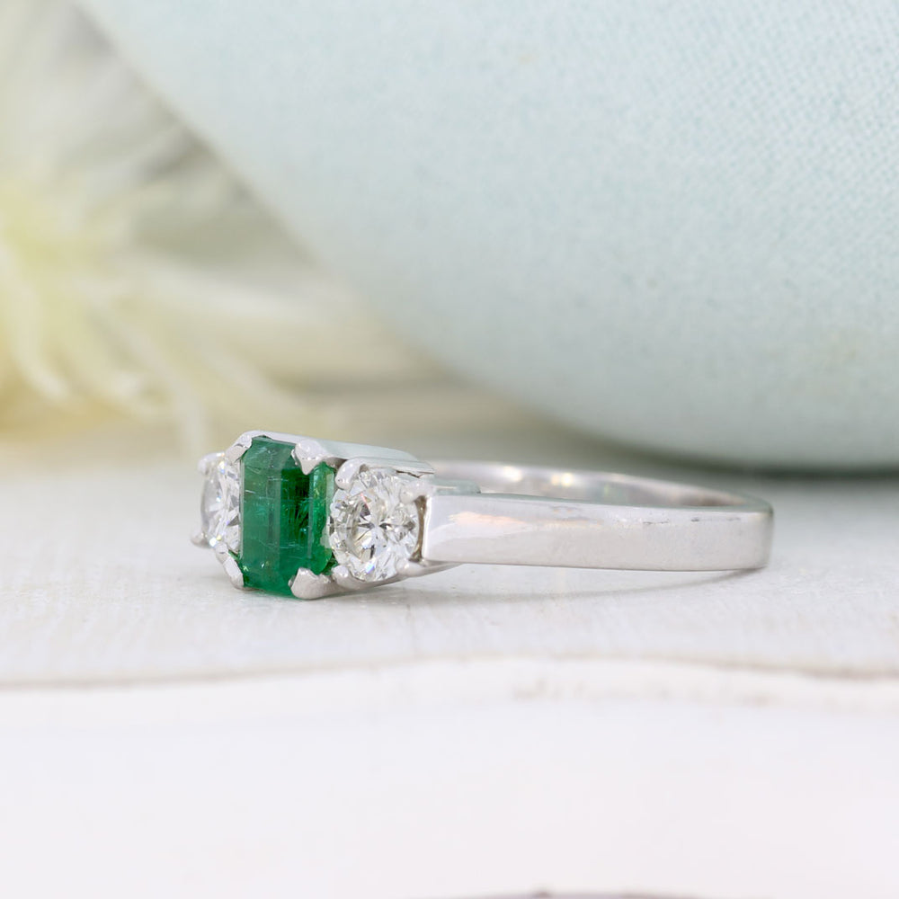 Pre Owned 18ct White Gold Emerald & Diamond 3 Stone Ring Approx Diamond Weight 0.80ct