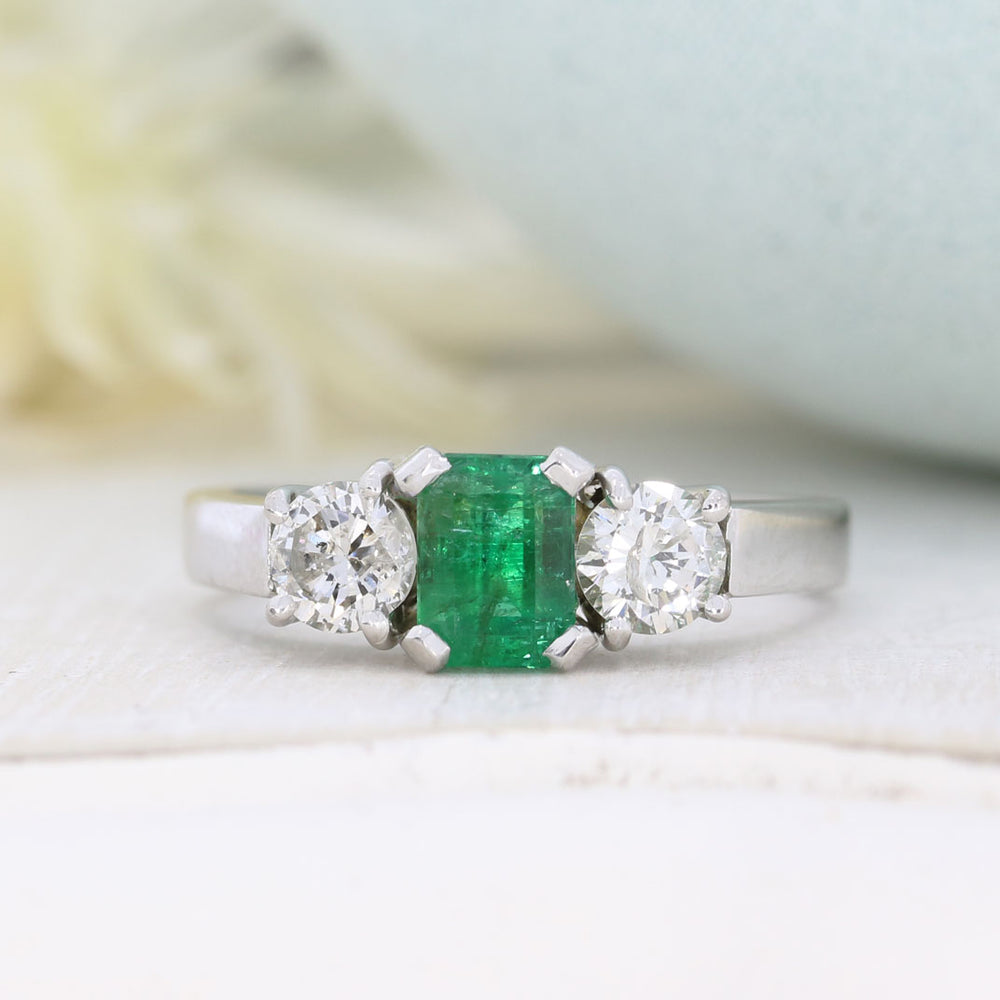Pre Owned 18ct White Gold Emerald & Diamond 3 Stone Ring Approx Diamond Weight 0.80ct