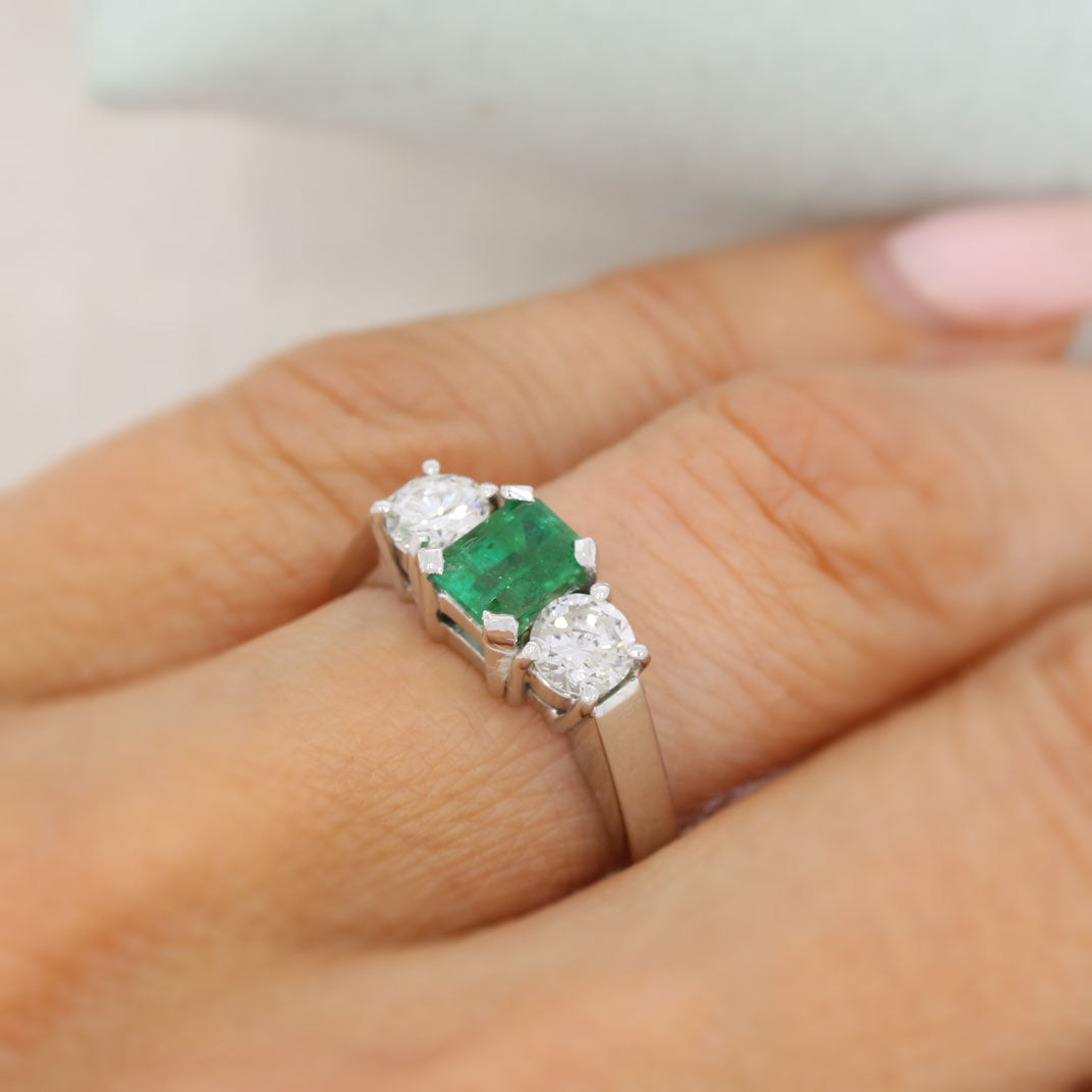 Pre Owned 18ct White Gold Emerald & Diamond 3 Stone Ring Approx Diamond Weight 0.80ct