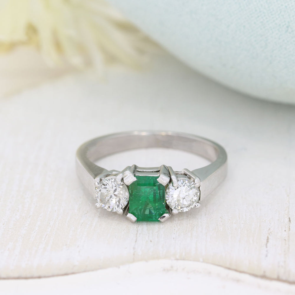 Pre Owned 18ct White Gold Emerald & Diamond 3 Stone Ring Approx Diamond Weight 0.80ct