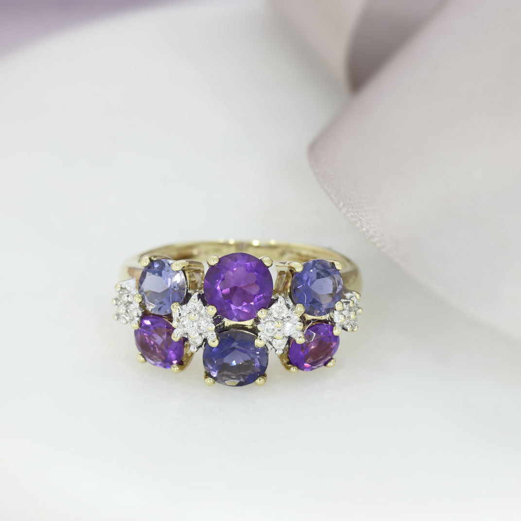 Pre Owned 9ct Yellow Gold Iolite & Diamond Cluster Dress Ring