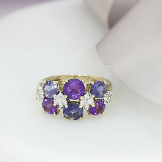 Pre Owned 9ct Yellow Gold Iolite & Diamond Cluster Dress Ring