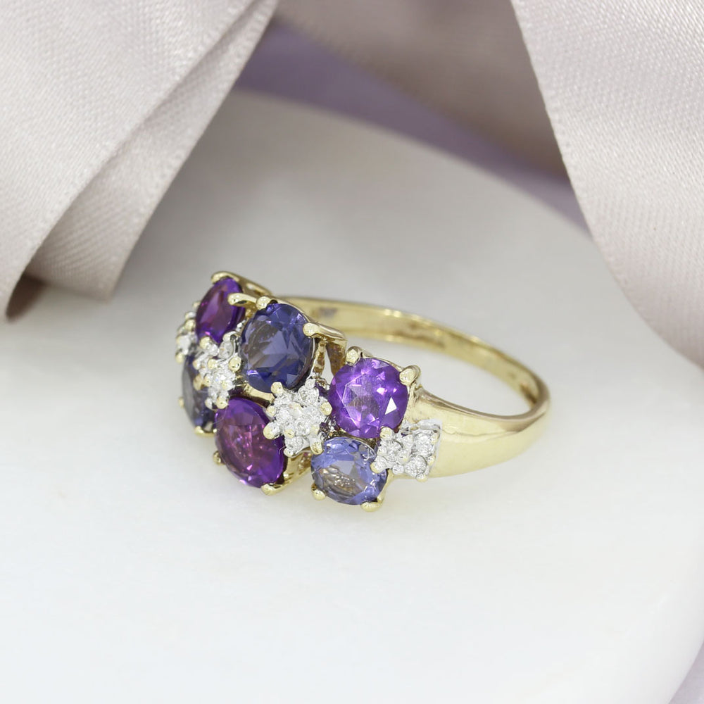 Pre Owned 9ct Yellow Gold Iolite & Diamond Cluster Dress Ring