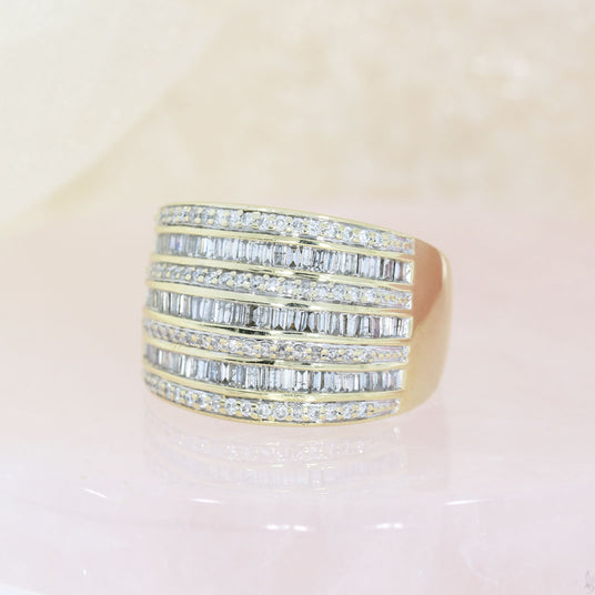 Pre Owned 9ct Yellow Gold Wide 7 Row Round & Baguette Diamond Eternity Ring