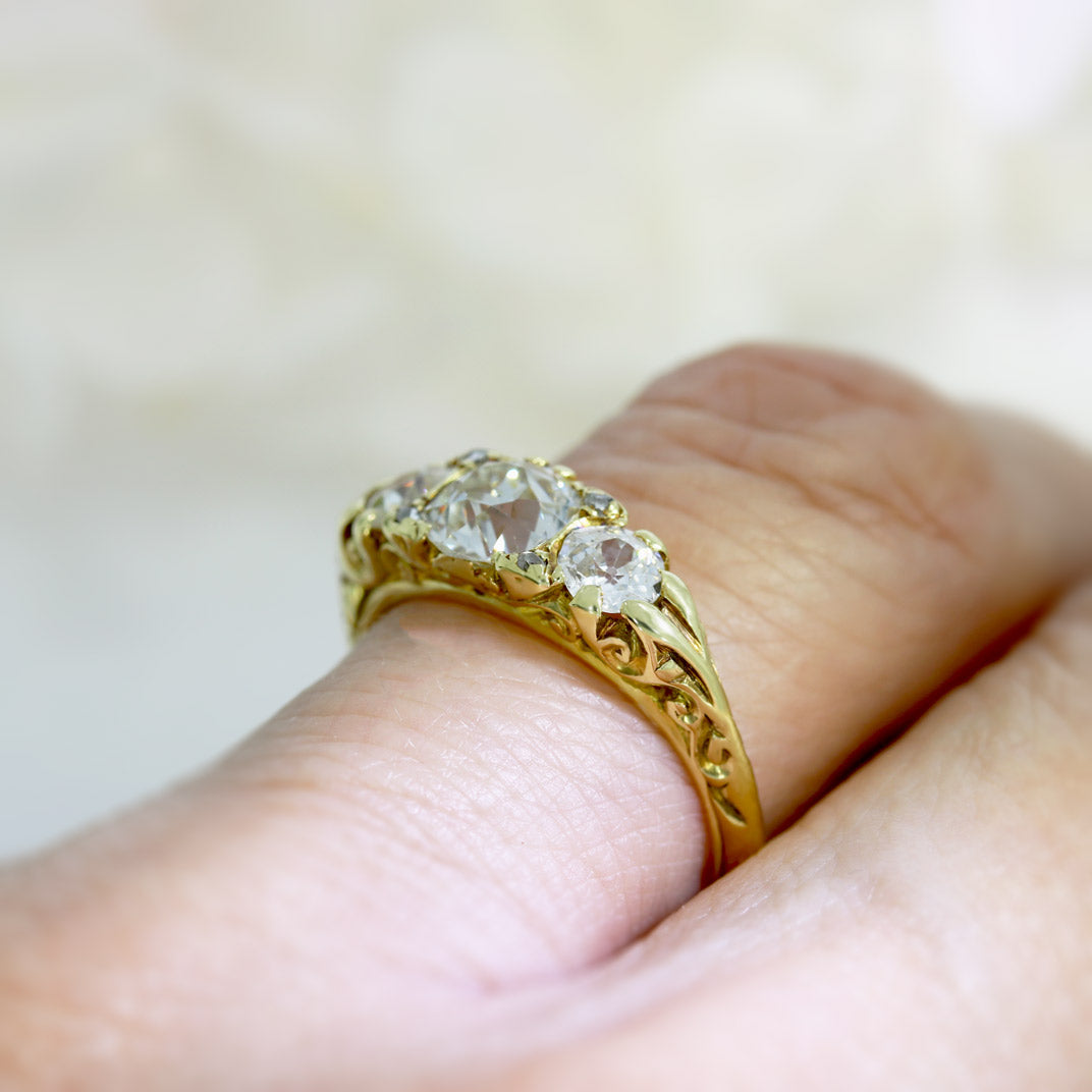 Pre Owned 18ct Gold 3 Stone Old Cut Diamond Boat Ring Approx 1.51ct