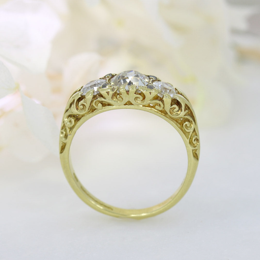 Pre Owned 18ct Gold 3 Stone Old Cut Diamond Boat Ring Approx 1.51ct