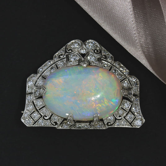 Pre Owned 18ct White Gold Cabochon Opal & Diamond Brooch
