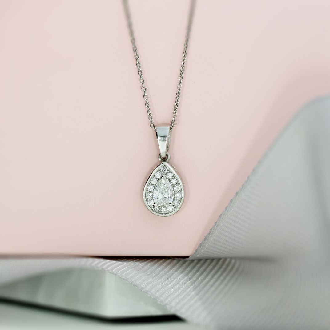 GIA Certified Platinum Pear Shape Diamond Halo Pendant 0.44ct on a Platinum Chain