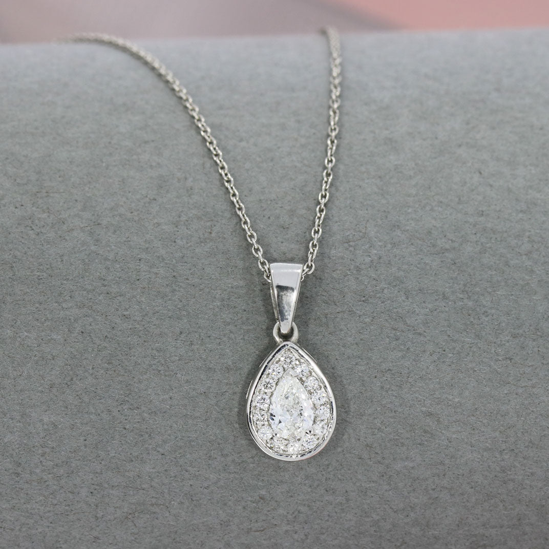 GIA Certified Platinum Pear Shape Diamond Halo Pendant 0.44ct on a Platinum Chain