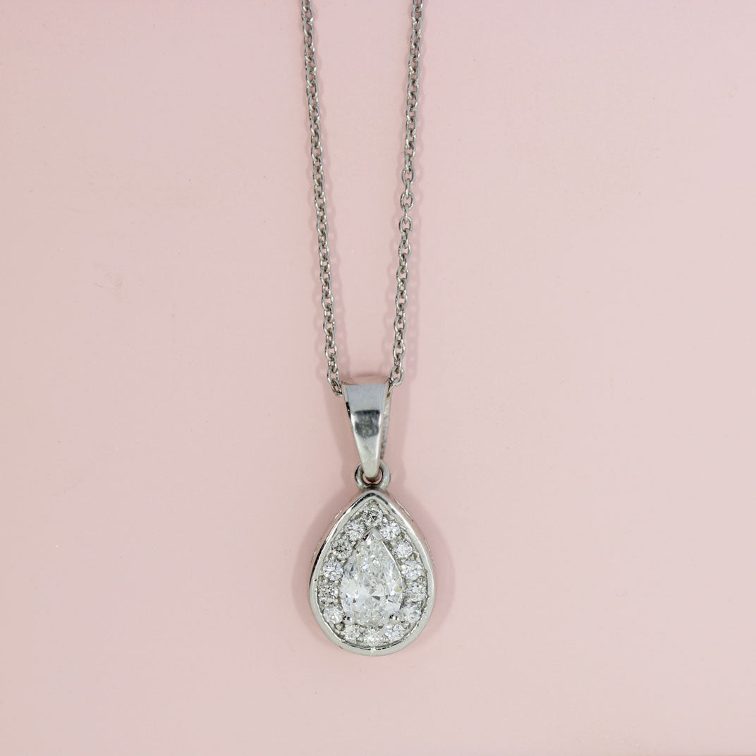 GIA Certified Platinum Pear Shape Diamond Halo Pendant 0.44ct on a Platinum Chain