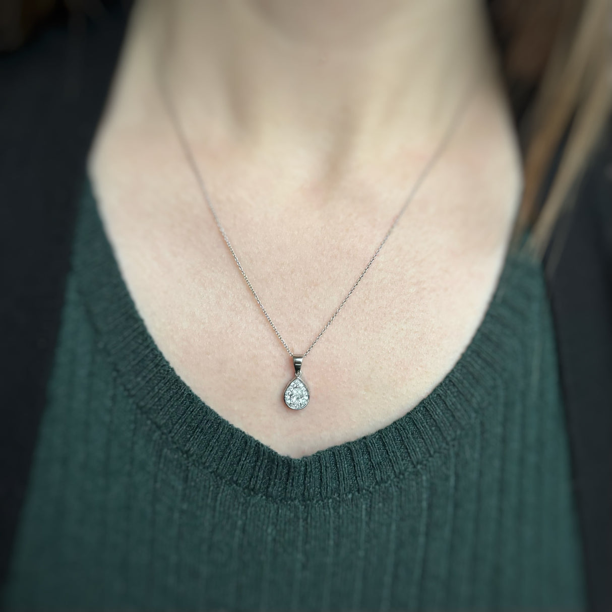 GIA Certified Platinum Pear Shape Diamond Halo Pendant 0.44ct on a Platinum Chain